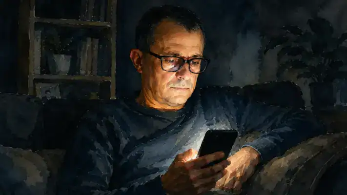 A person in their fifties in a dimly lit room, phone screen illuminating their face in the evening
