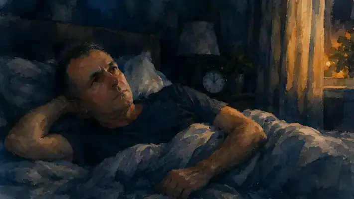 A person lying awake in bed, eyes open, expression one of quiet anxiety in a dark room