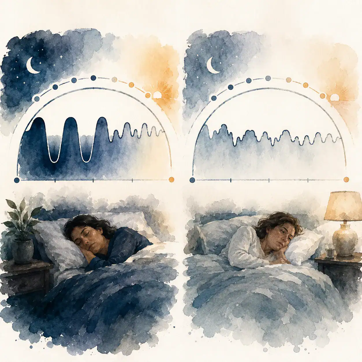 Two sleep cycle diagrams - one with deep slow-wave phases in correct timing, one showing disrupted shallow architecture despite equal hours
