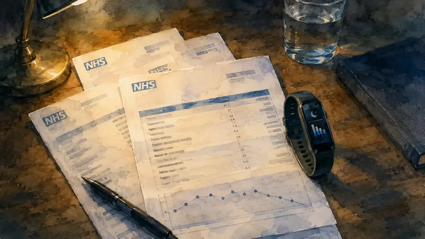 A collection of NHS blood test result letters on a desk, with a sleep tracker nearby