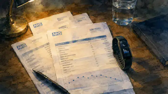 A collection of NHS blood test result letters on a desk, with a sleep tracker nearby