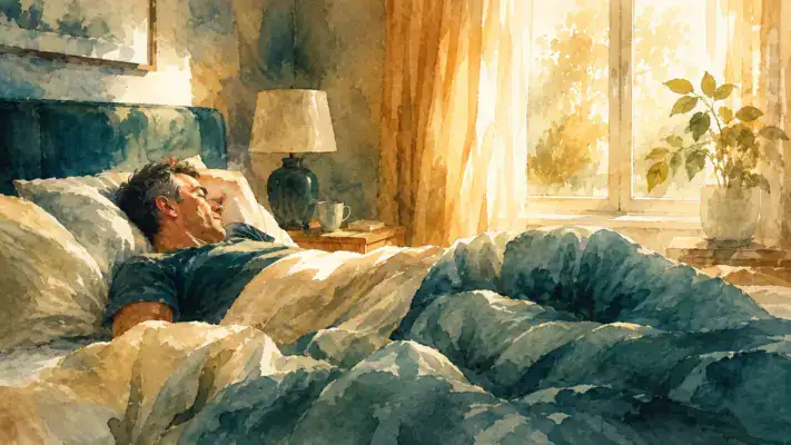 A person sleeping in on a weekend morning, sunlight through curtains suggesting late morning
