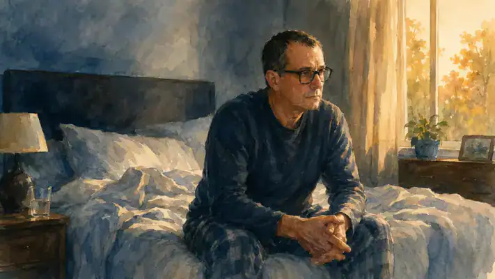A man over 50 sitting at the edge of his bed in early morning light, thoughtful expression