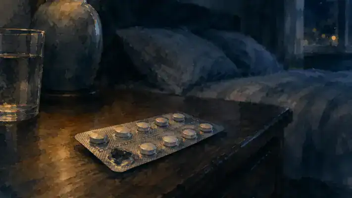 A blister pack of sleeping tablets on a bedside table in a dark room, suggesting nighttime use