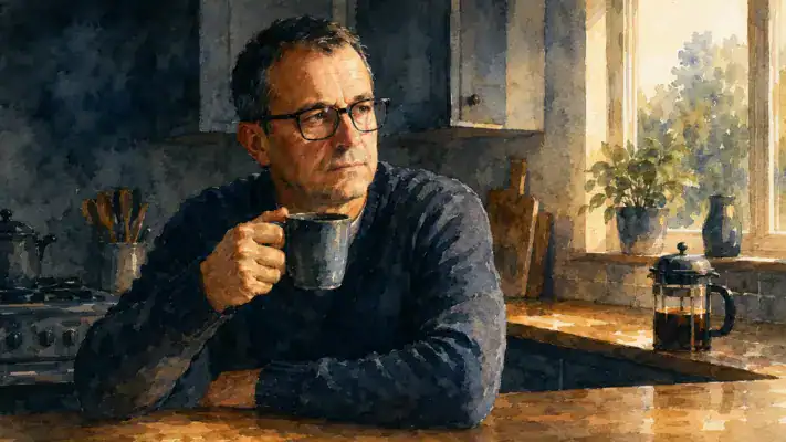 A man in his early fifties sitting in his kitchen in the early morning, coffee in hand, looking slightly tired but alert