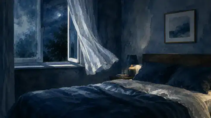 A cool, dark bedroom with a slightly open window showing night air, comfortable bedding visible