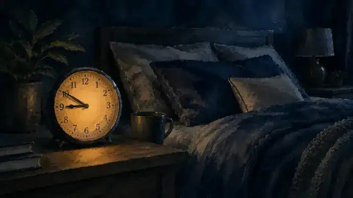A clock showing 10pm on a bedside table in a dark bedroom, suggesting early bedtime
