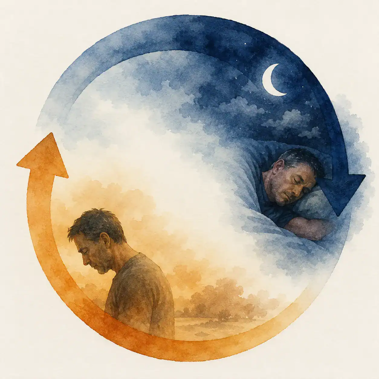Circular diagram showing the feedback loop between poor sleep and testosterone decline