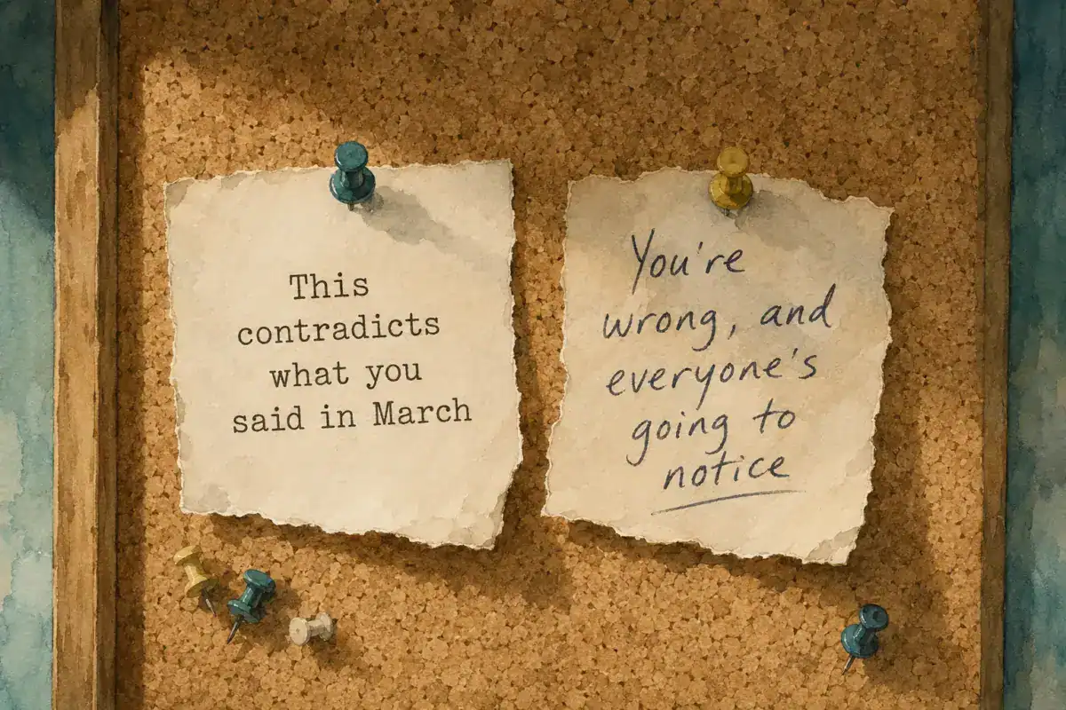 Two notes pinned to a corkboard, one typed and formal, one handwritten and blunt.