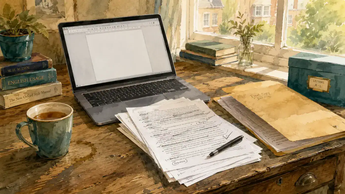 A writing desk with printed pages marked up by hand next to an open laptop.