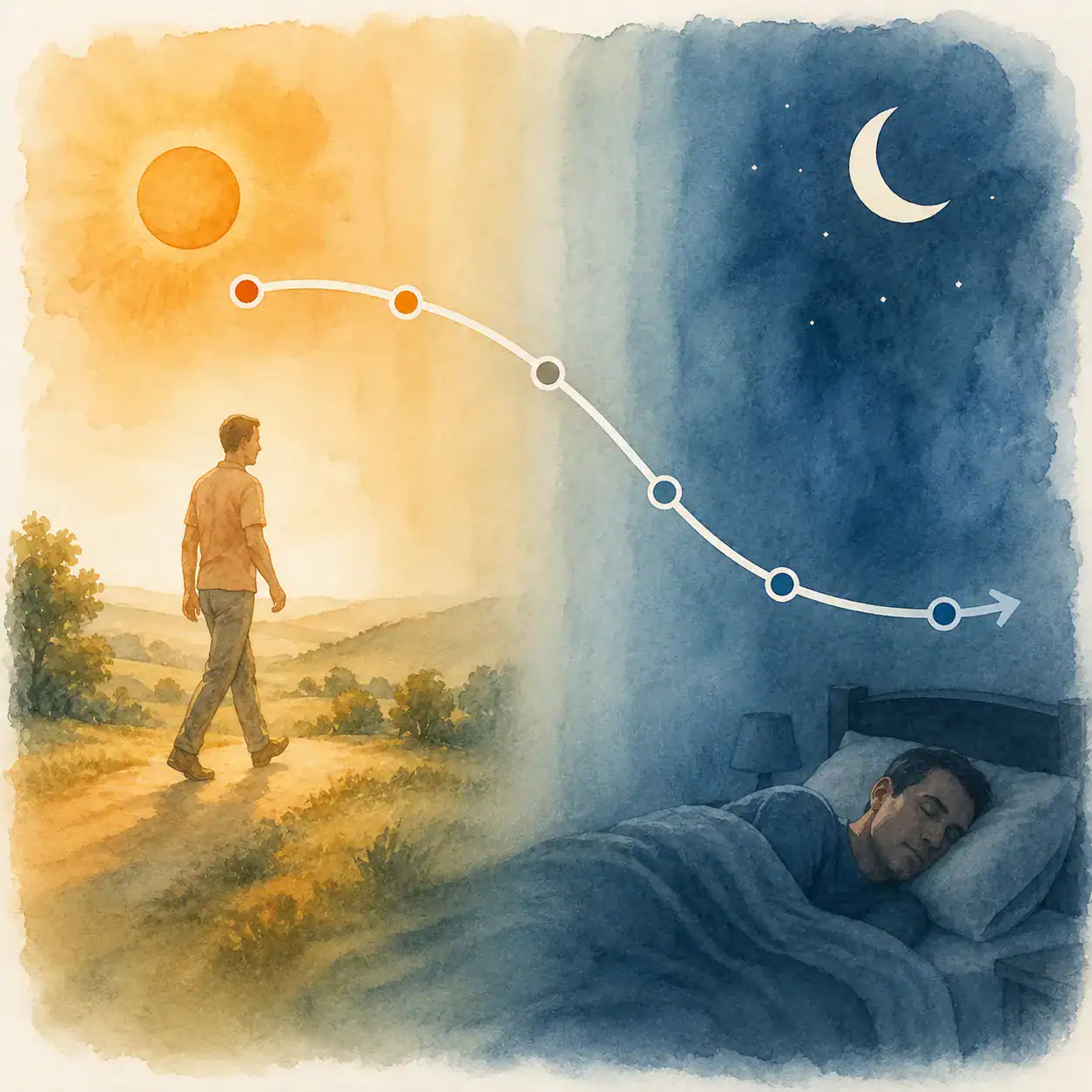 Illustration showing body temperature dropping as a person enters deep sleep, warm to cool gradient