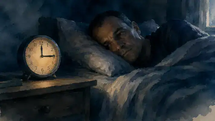 A clock showing 3am beside a person partially awake in bed