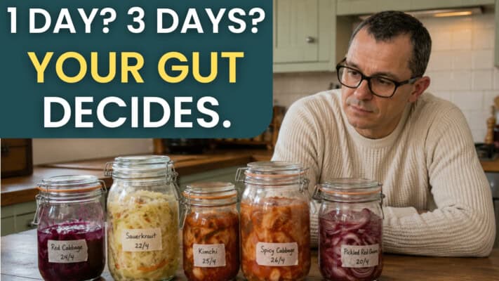 Neil beside home fermenting jars discussing gut health over 50