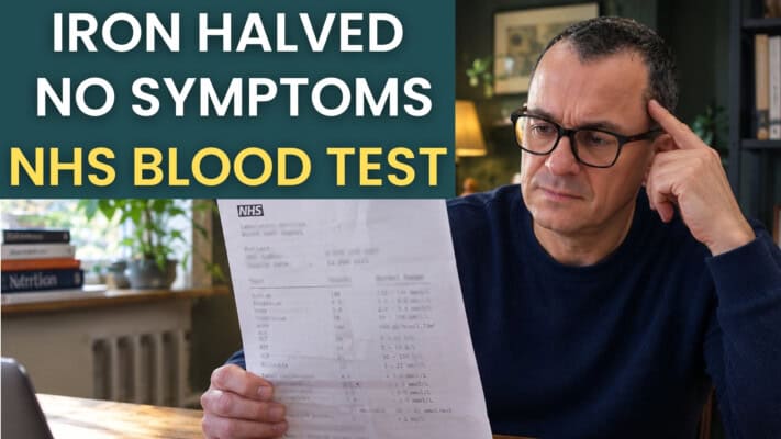 Neil reading an NHS blood test printout showing a low iron result