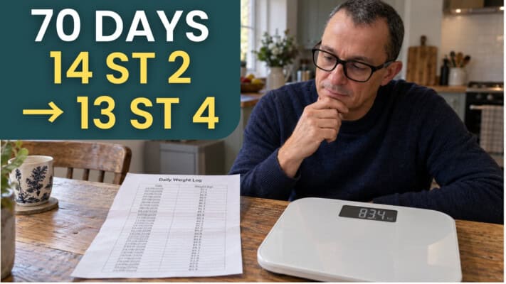 Neil reviewing a 70 day weight log beside bathroom scales